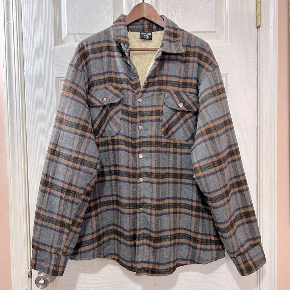 Mountain Expeditions Shacket Sherpa Lined Snap Front Plaid Brown Gray Size XXL